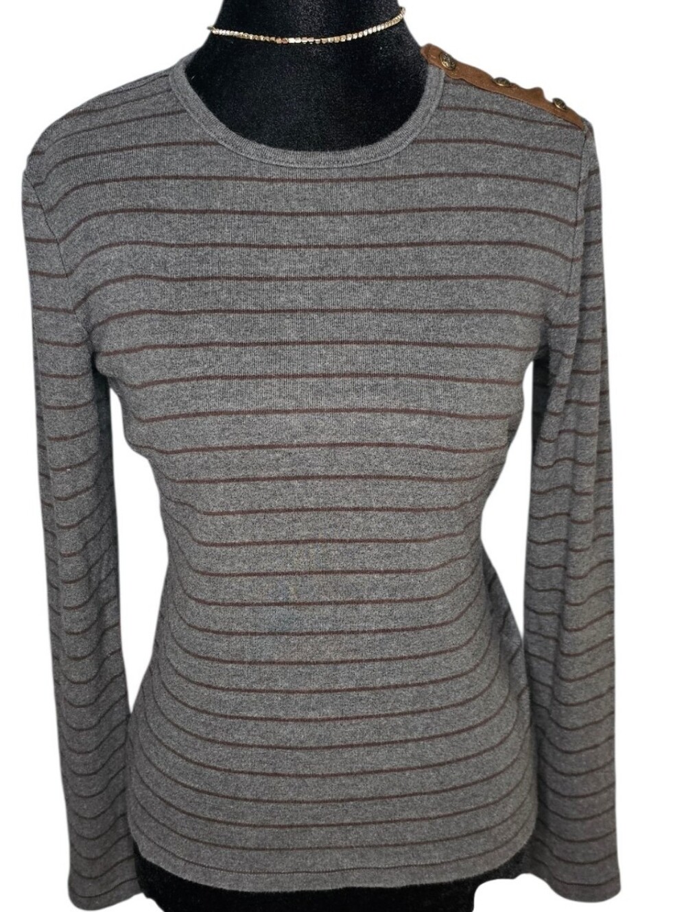 Lauren Ralph Lauren Gray Striped Suede Shoulder Accent Long Sleeve Top Small